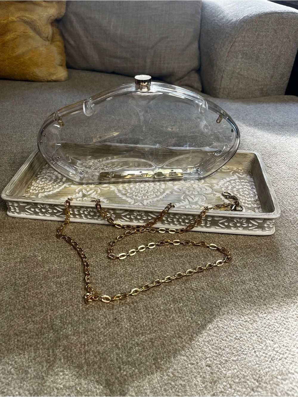 Clear Clamshell Clutch Bag with Gold Chain - Picture 9 of 13
